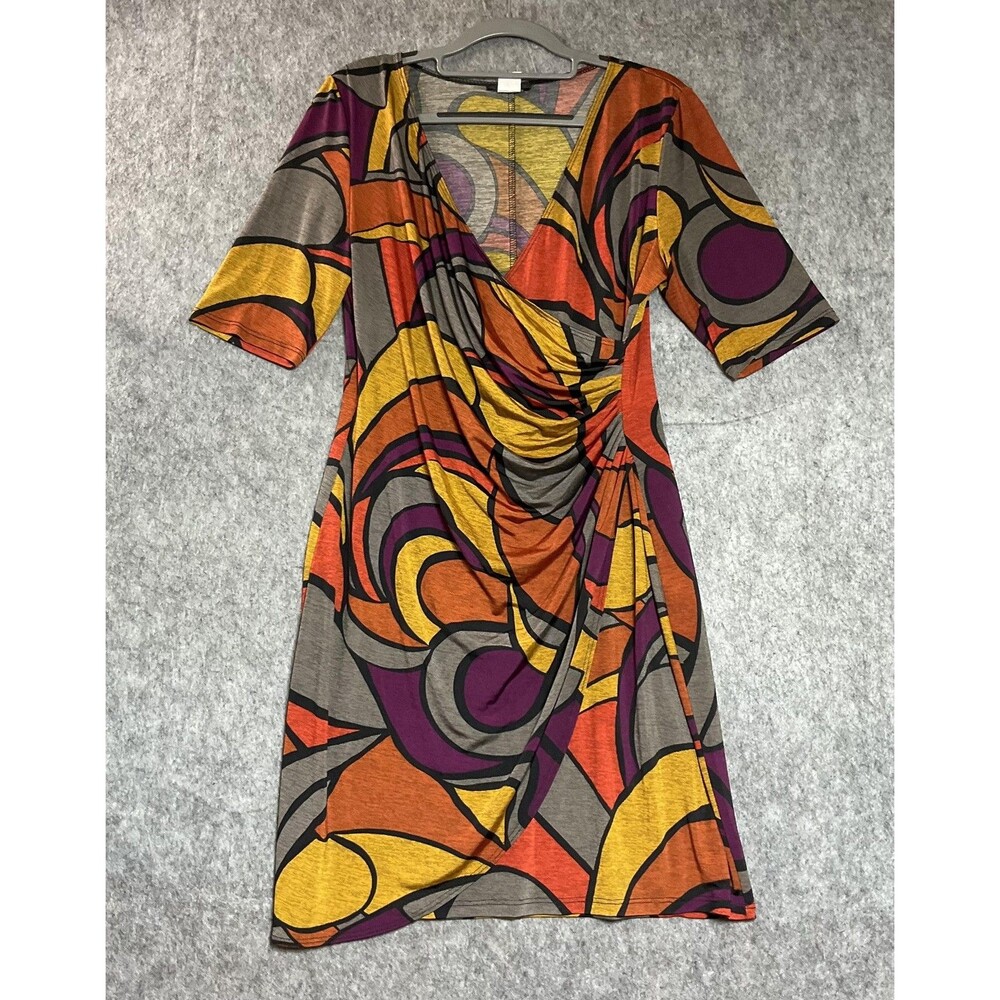 Vintage JBS Dress Womens M Multicolor V-Neck Ruched Knee Length Stretch USA Made